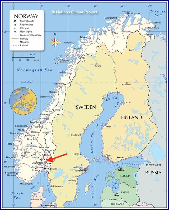 Oslo en el mapa de Noruega