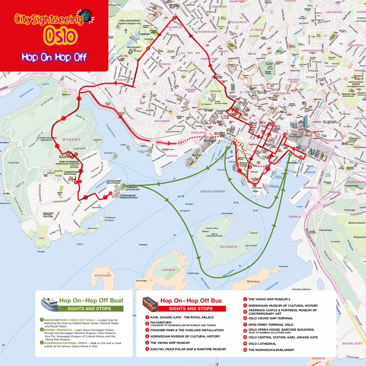 Mapa de las rutas de autobús Hop On Hop Off de Oslo