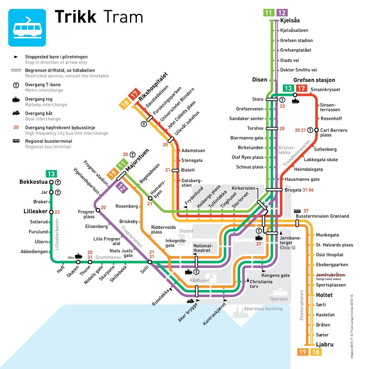 Mapa de las estaciones de tranvía de Oslo